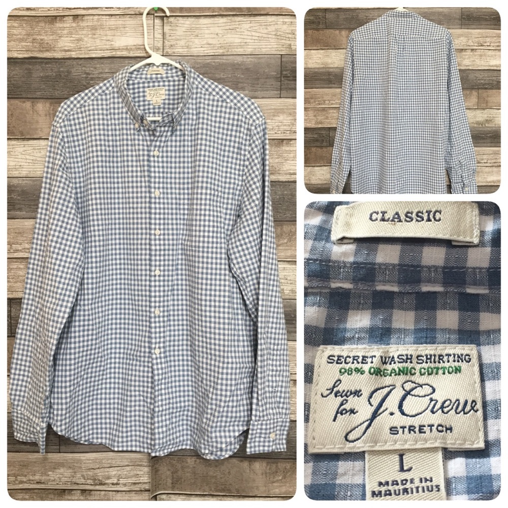 J Crew Gingham Plaid Button Up Shirt Men’s L Blue White Organic Cotton Stretch